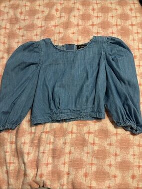 C'est Toi Blue Denim Puff-Sleeve Cropped Top